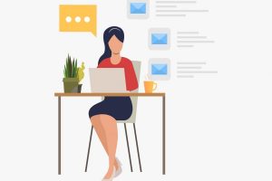 Businesswoman answering e-mail in office vector illustration. Secretary, office worker, internet communication. Business concept. Creative design for websites, business presentations, banners